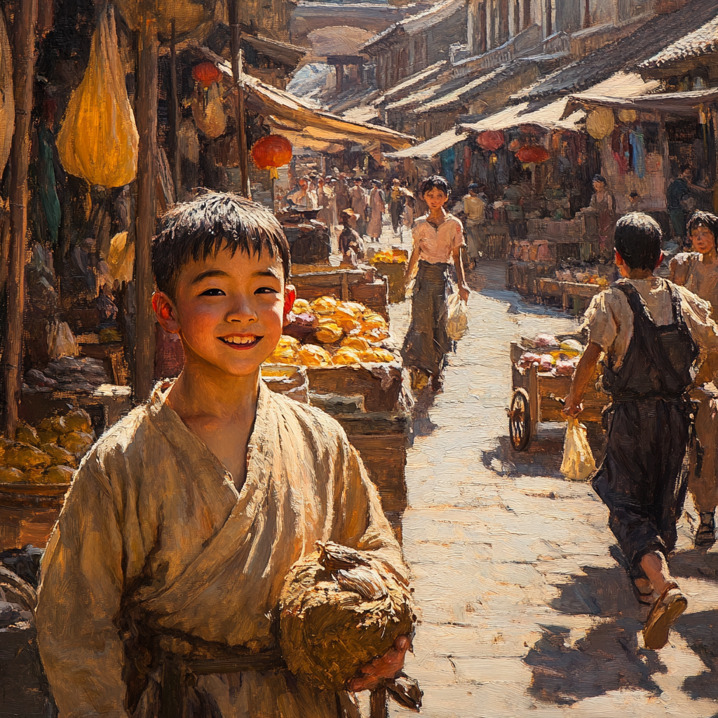 Young Mencius in marketplace, mimicking vendors with children, sunlight.