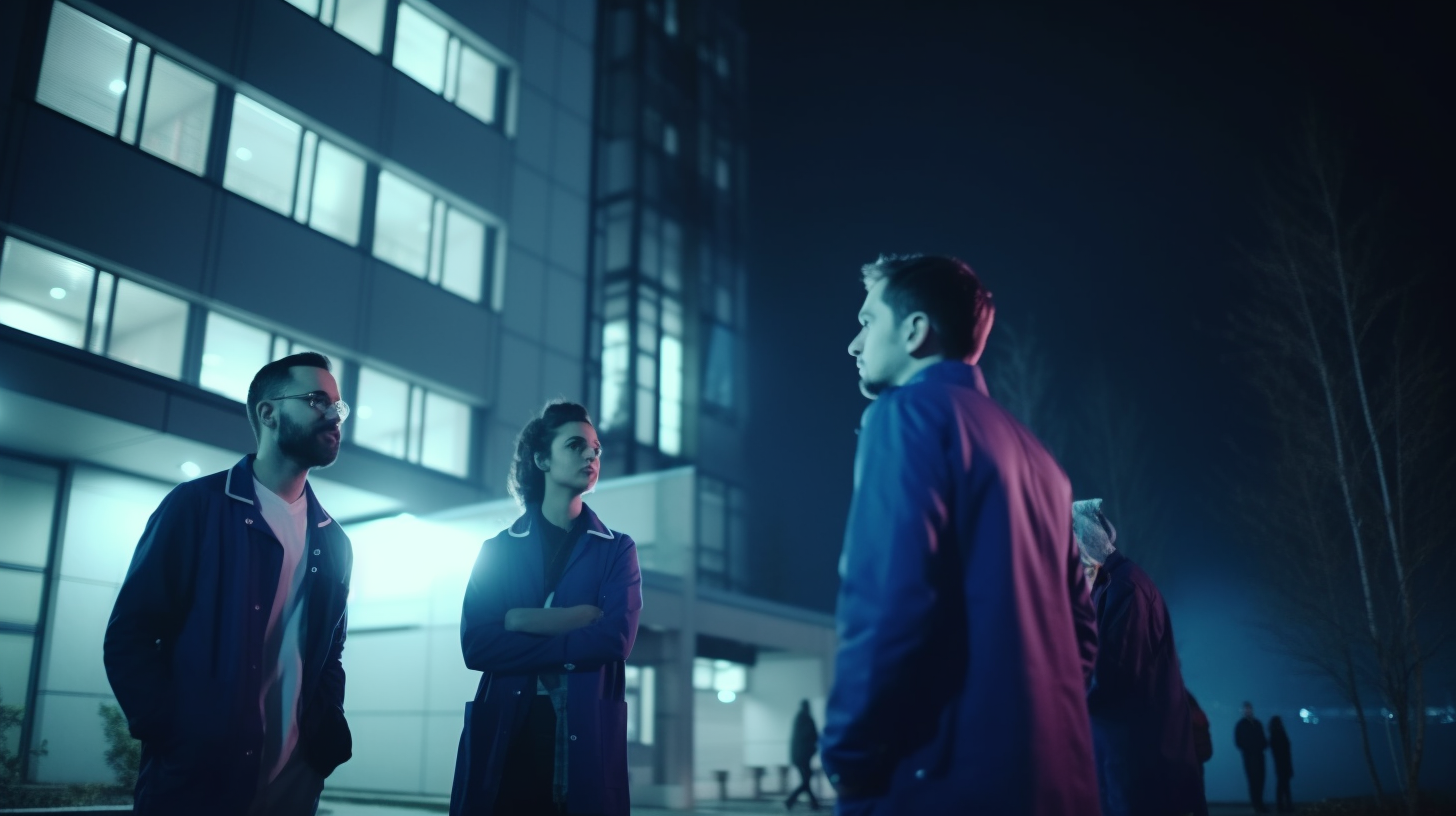 Young People Waiting Outside Hospital at Night