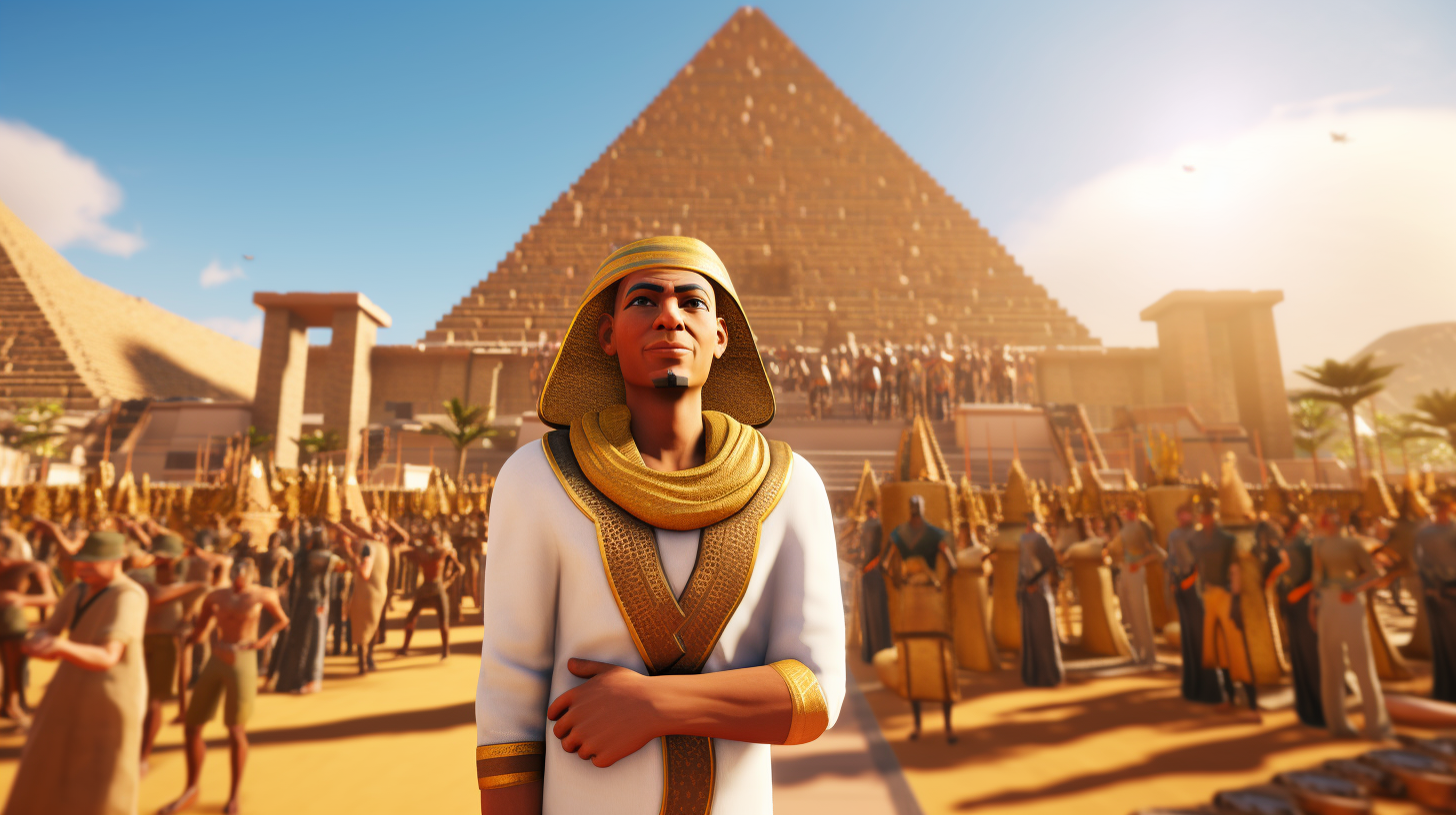 Young Pharaoh Khufu oversees pyramid construction.