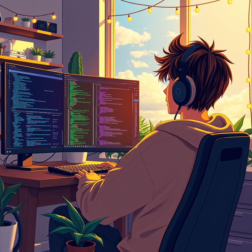 Young Programmer in Peaceful, Sunlit Workspace
