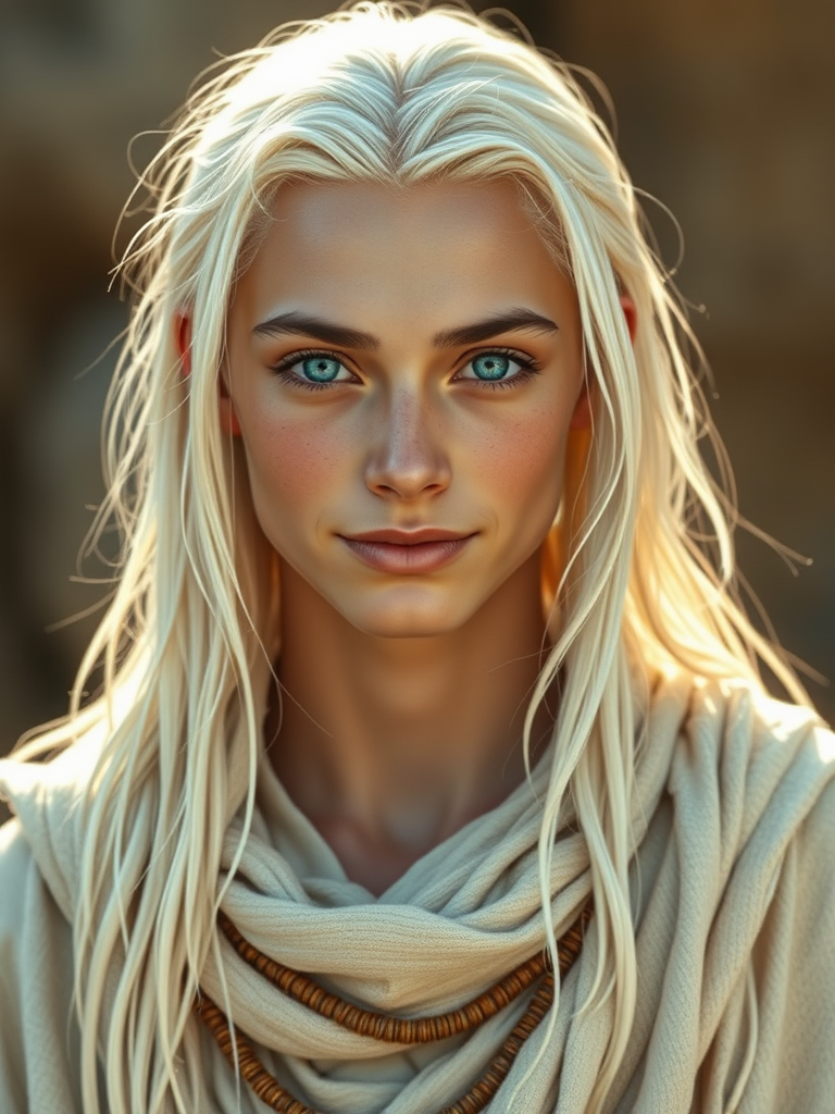 Young Tribesman with Platinum Hair and Blue Eyes