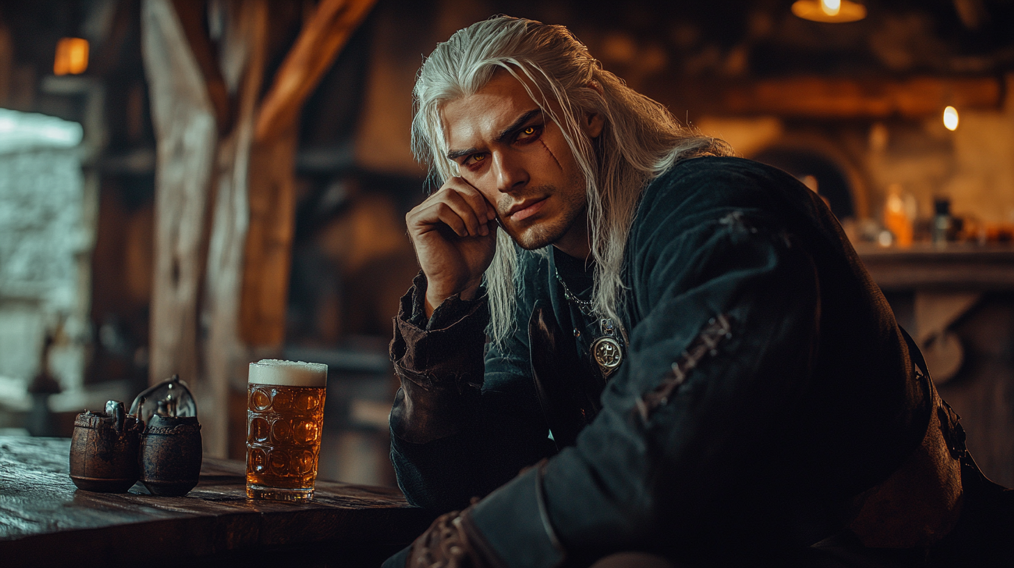 Young Witcher-like Man Enjoying Beer in Medieval Tavern