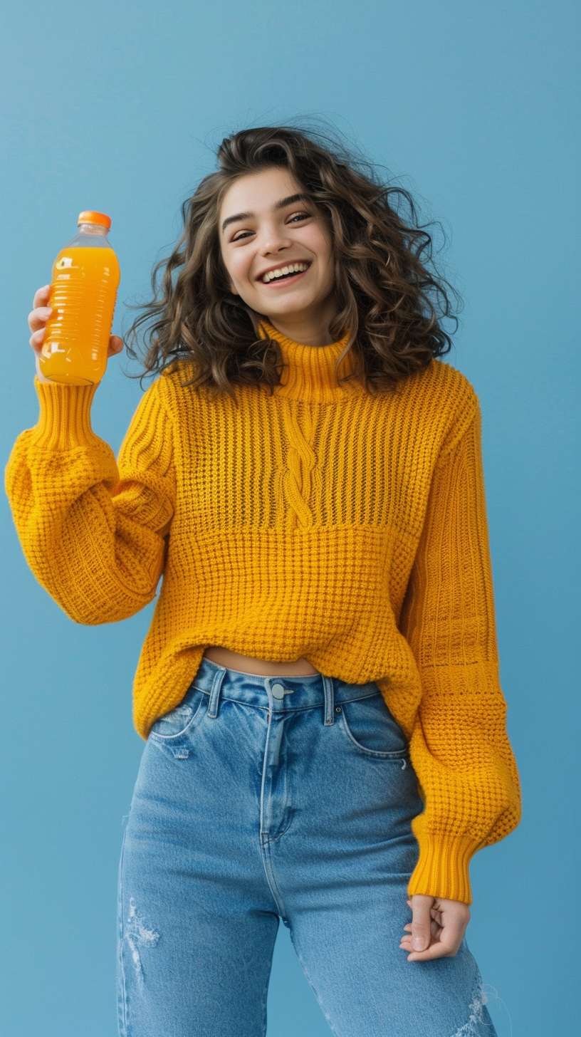 Young Woman Holding Juice on Blue Background