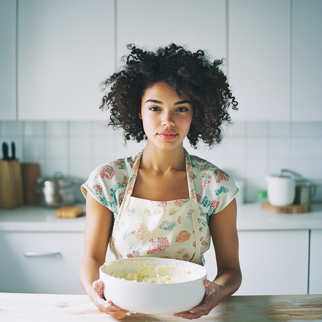 Young Woman in Modern Kitchen Baking Cake