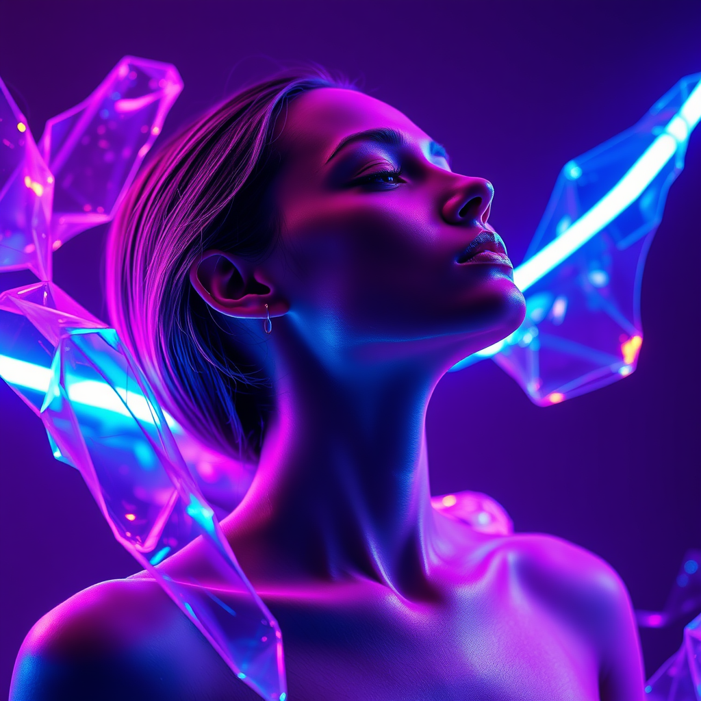 Young Woman in Neon-Lit Futuristic Dreamy Portrait