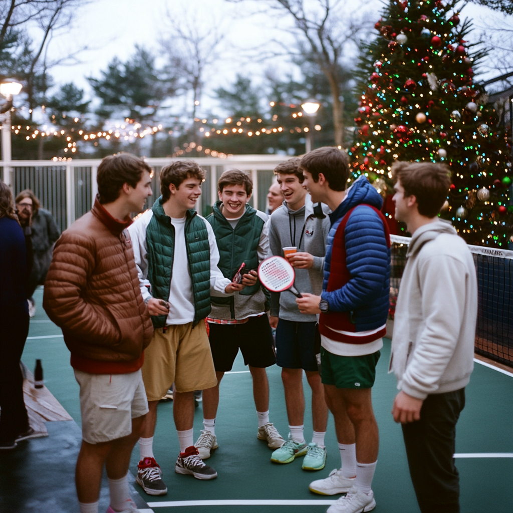 Young adults play pickleball at festive holiday party.