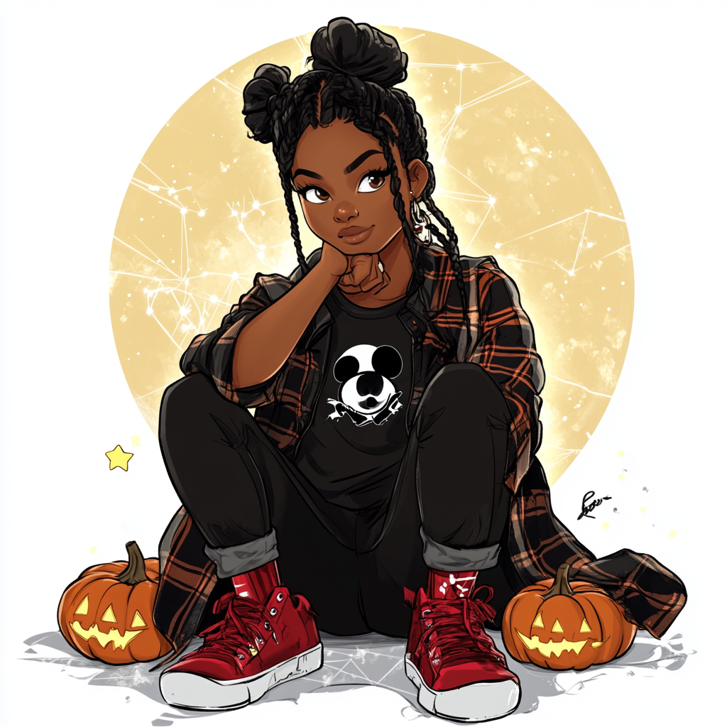 Young black girl in Halloween-themed outfit - AI Image.