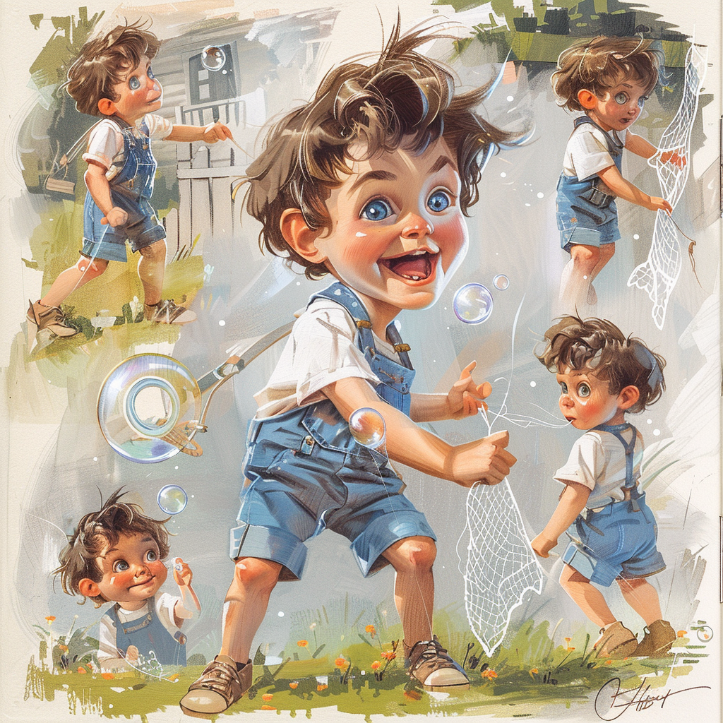 Young boy with blue eyes hunts soap bubbles.