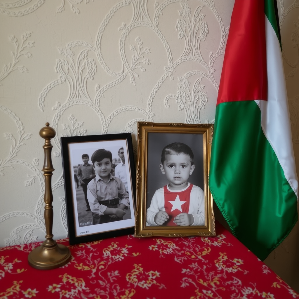 Young children learning about Palestinian history with flag.