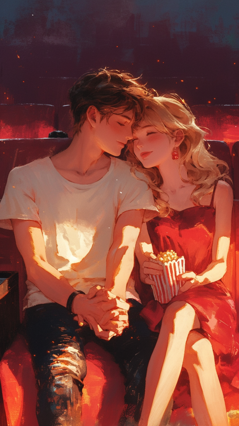 Young couple holding hands at drive-in theater.