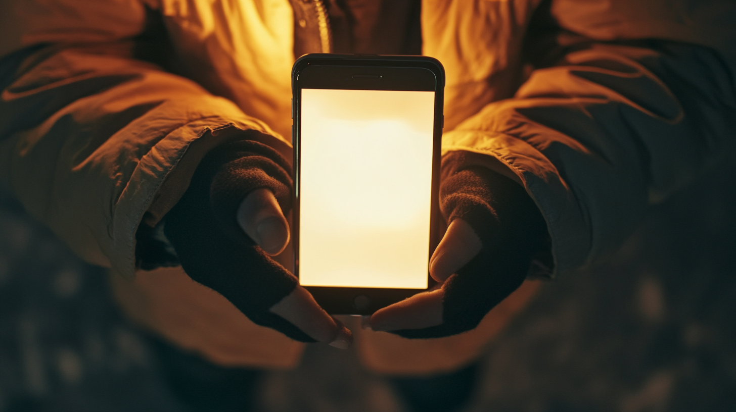 Young man holding phone, top view, mockup screen.