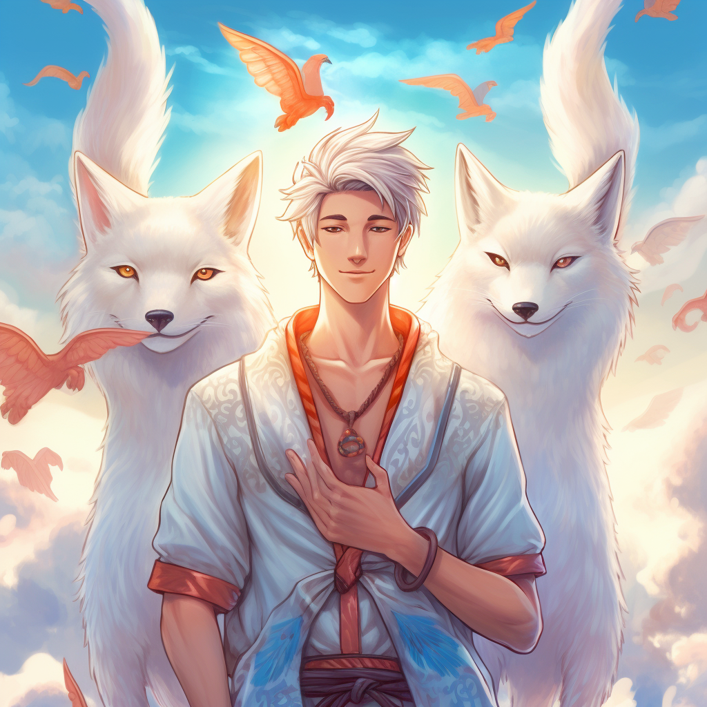 Young man in Japanese clothing with white foxes