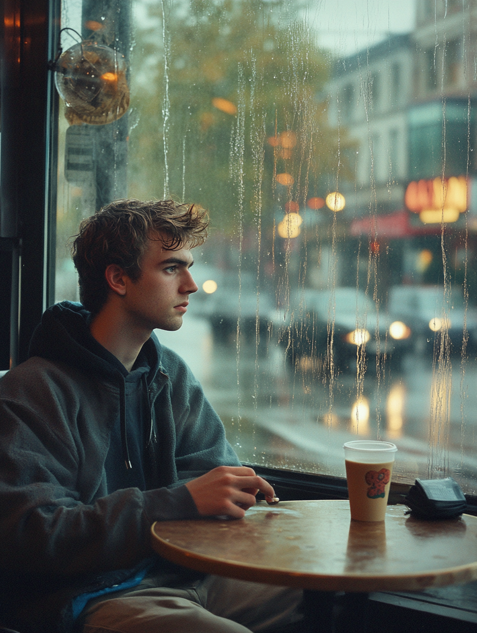 Young man in Seattle café, watching rain, deep in thought