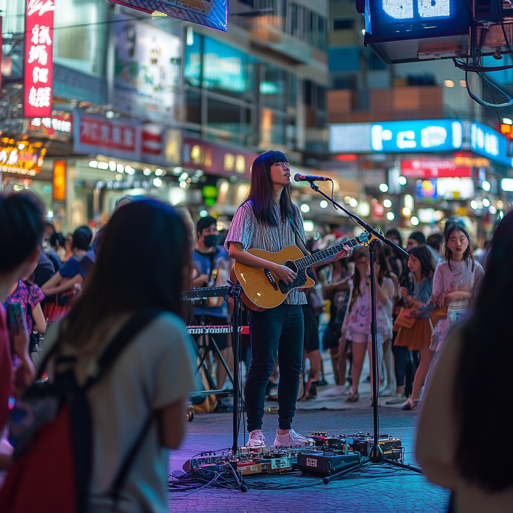 Young people enjoy live music on colorful stage.
