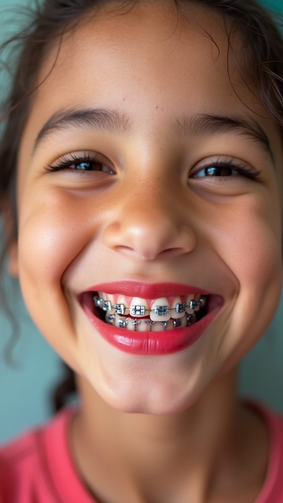 Young person smiling with braces, vivid makeup