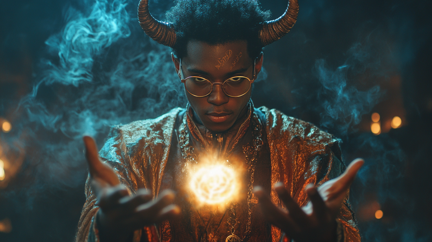 Young wizard tiefling with magic and glasses - A video game character inspired image