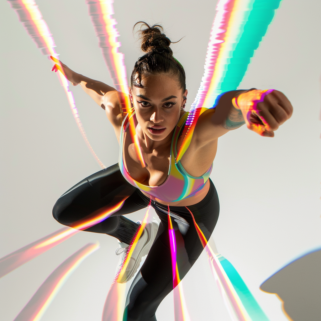 Young woman jumps confidently, pointing at camera