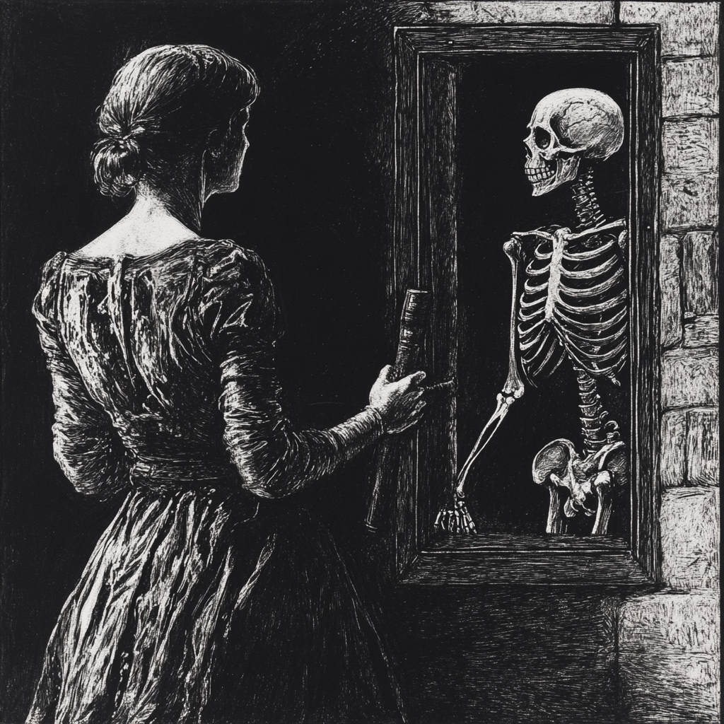 Young woman sees skeleton ghost in mirror