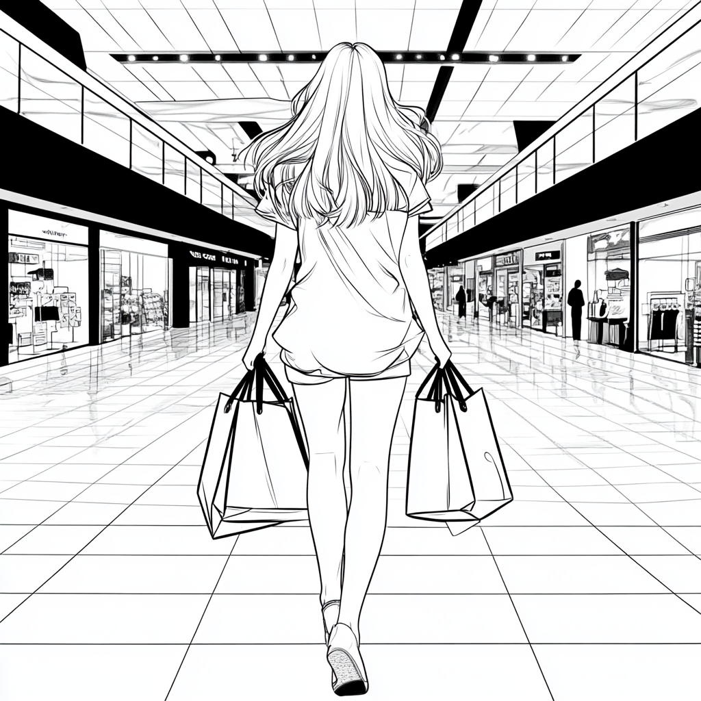 Young woman shopping with white clothes in mall