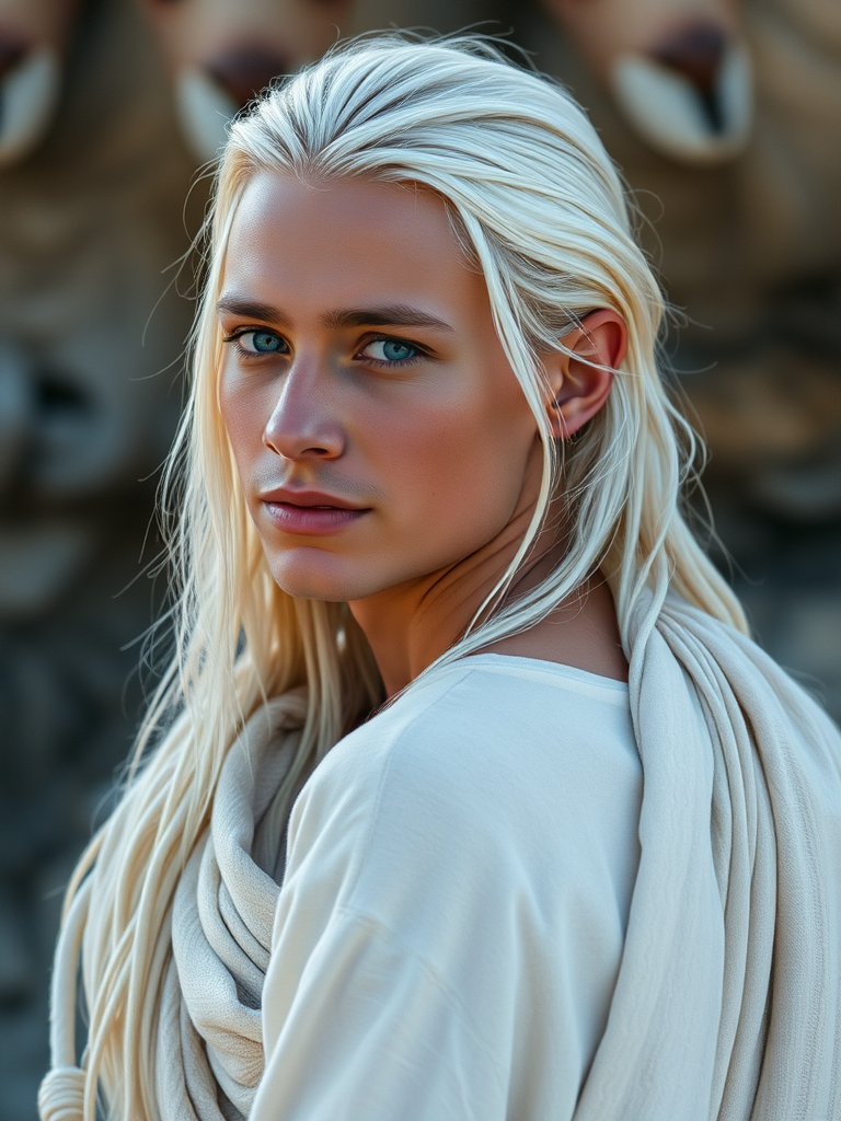 Youthful, Wise Man in Ethereal Whites Looking Away