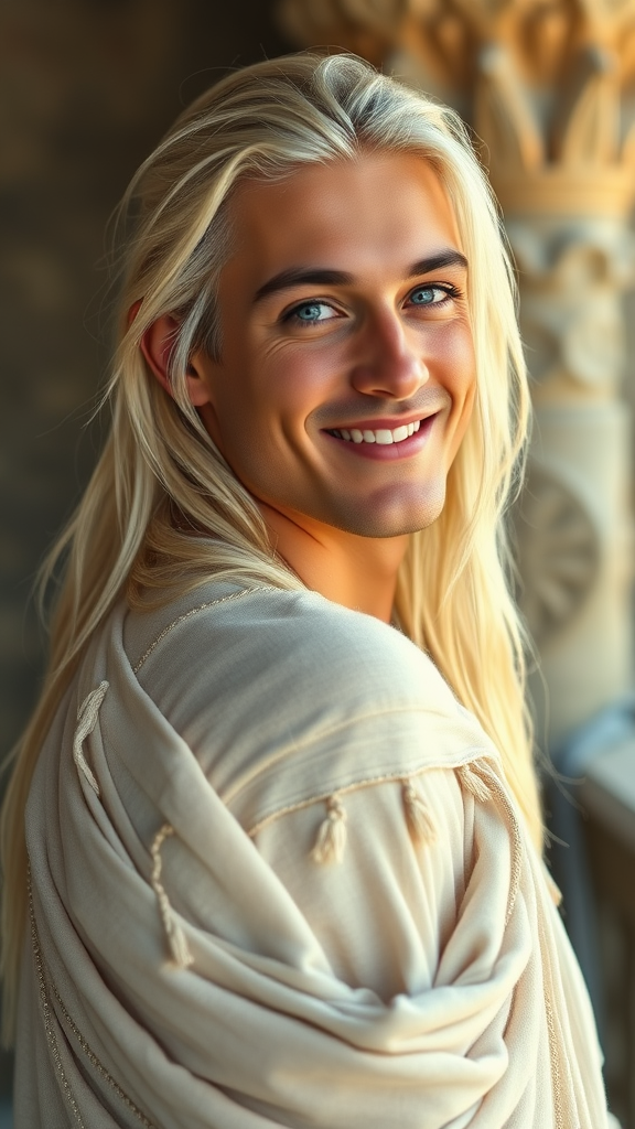 Youthful Man with Platinum Hair in Ethereal Whites