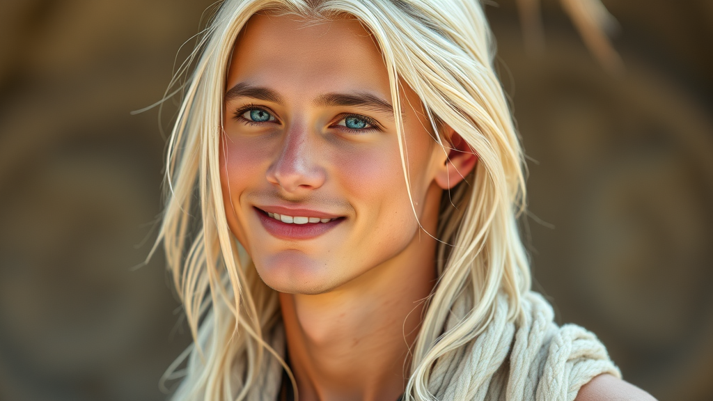 Youthful Man with Platinum Hair in Tribal Attire
