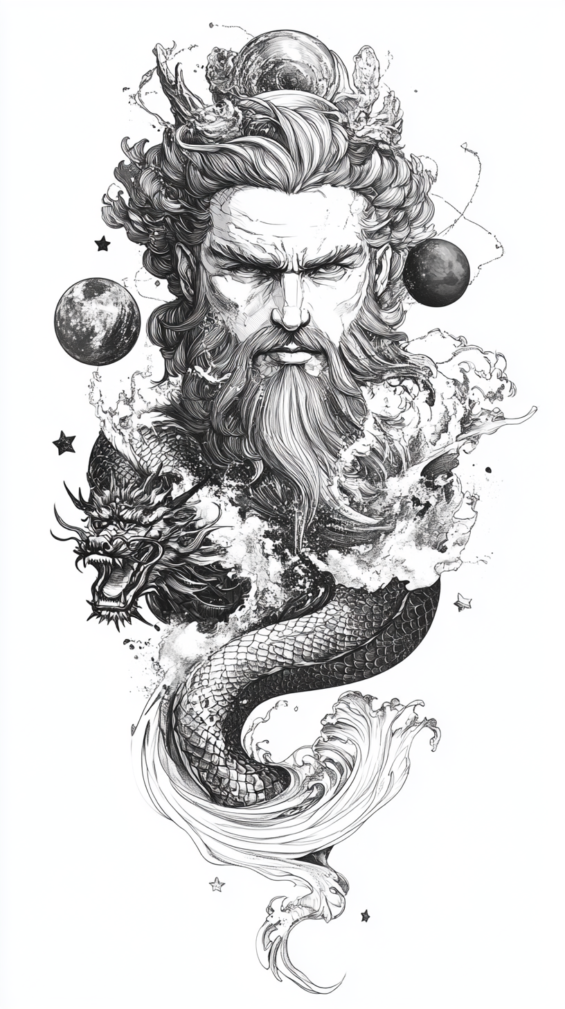 Tattoo Art Zeus, dragon, planets, stars, waves