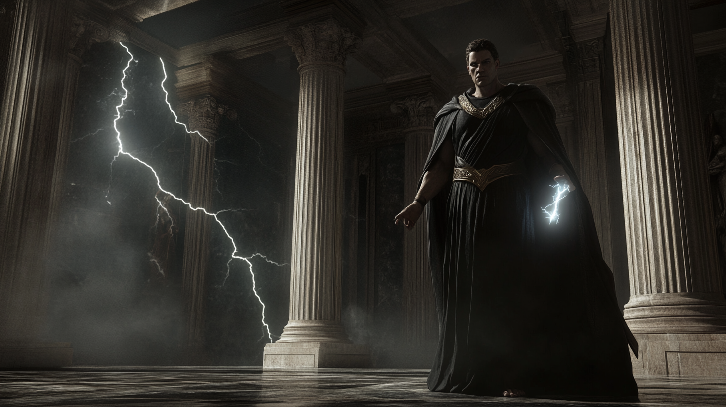 Zeus in Darkened Marble Hall with Glowing Bolt