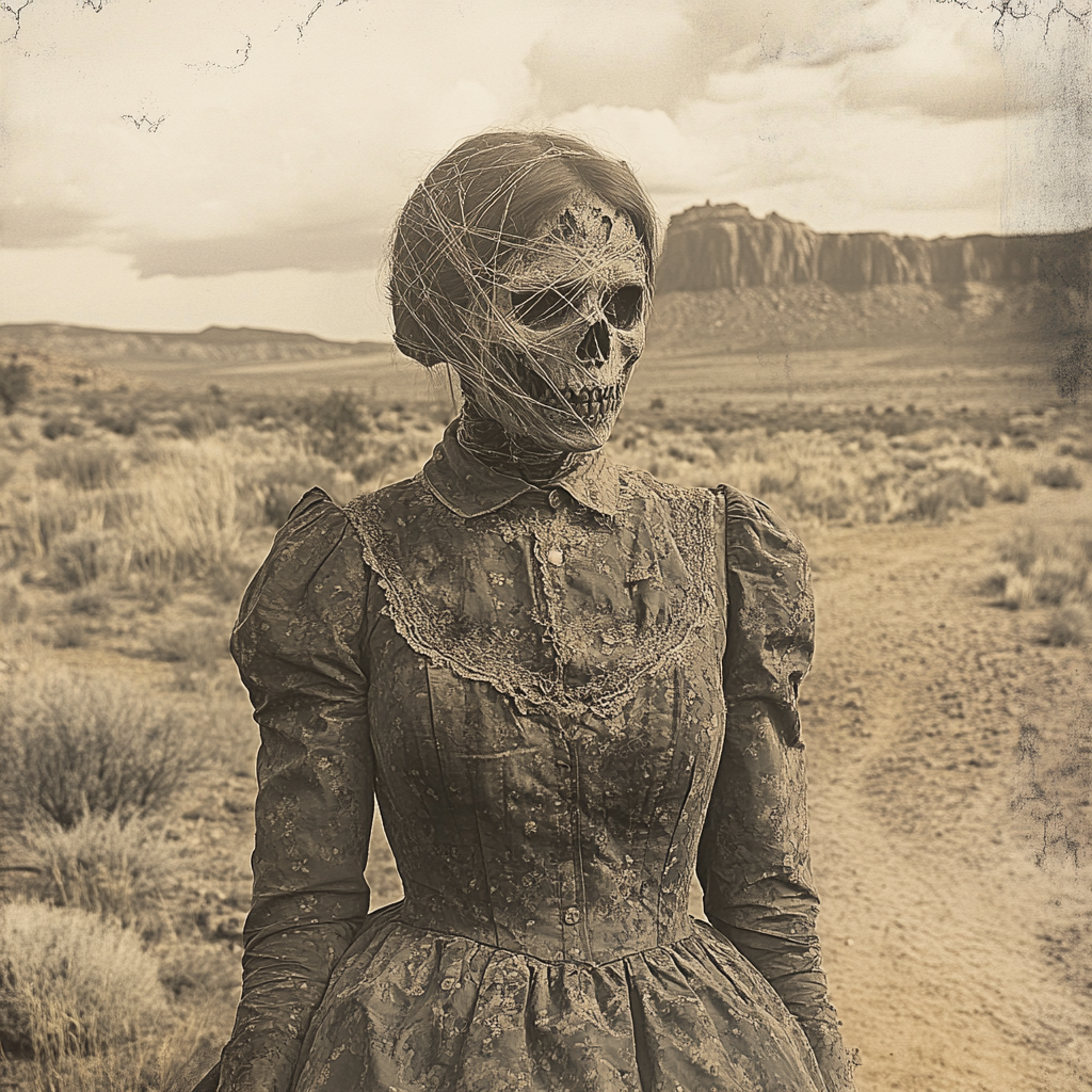 Zombie 20-year-old frontier woman on ghostly desert trail.