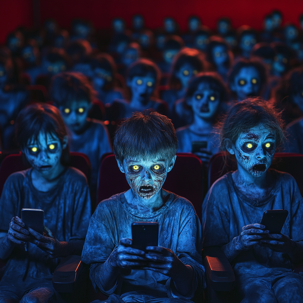 Zombie children staring at cell phones in dark theater.