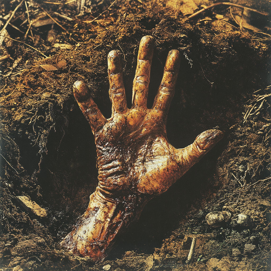 Zombie hand emerges from cemetery ground