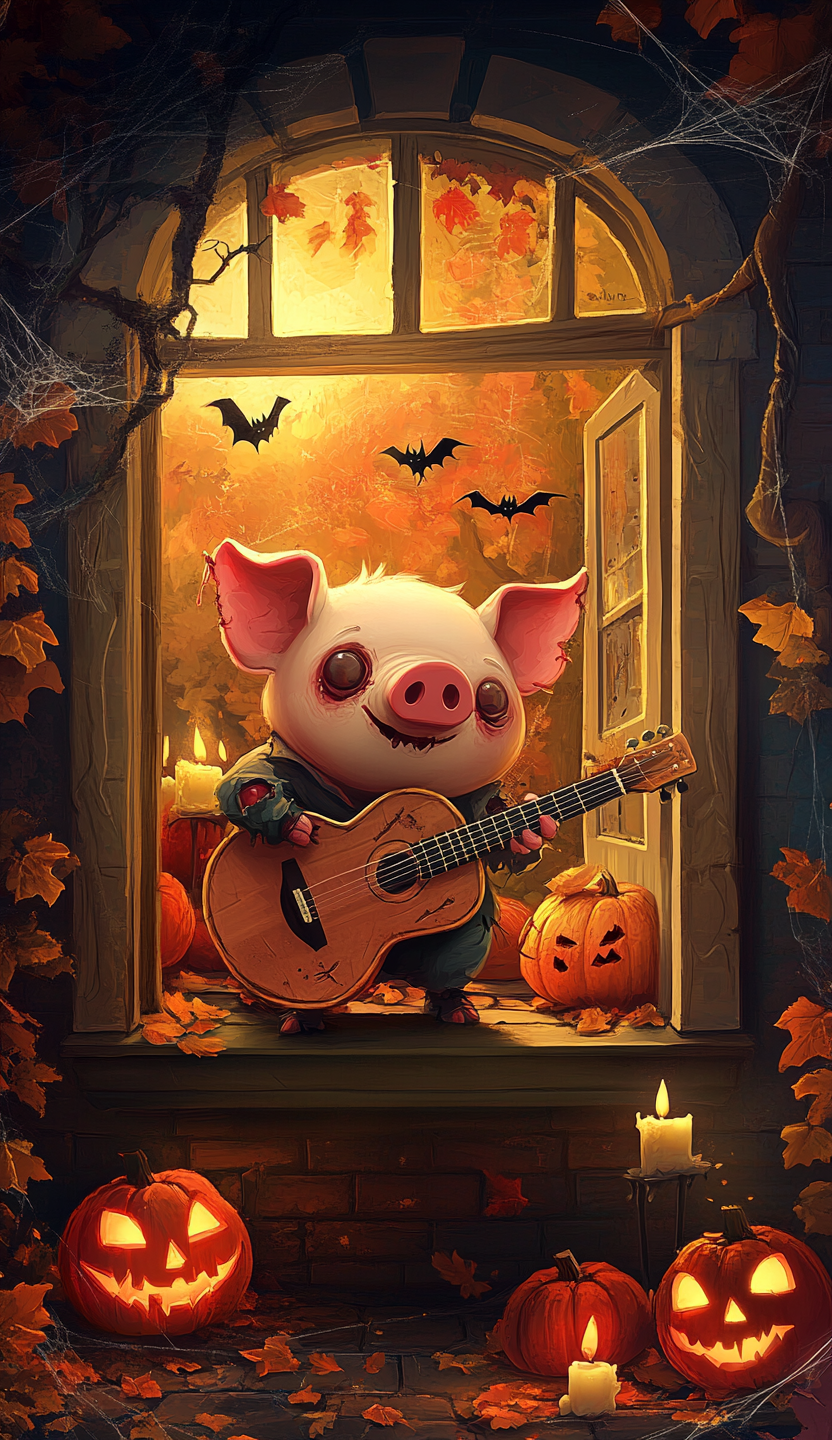 Zombie pig plays guitar in haunted house