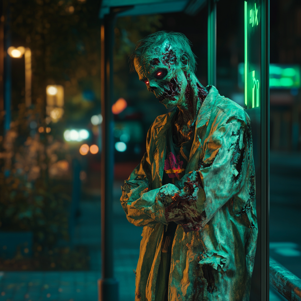 Zombie waiting at bus stop in dark night