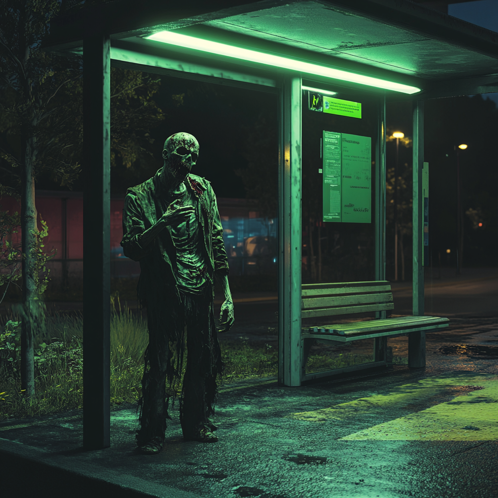 Zombie without head at bus stop at night