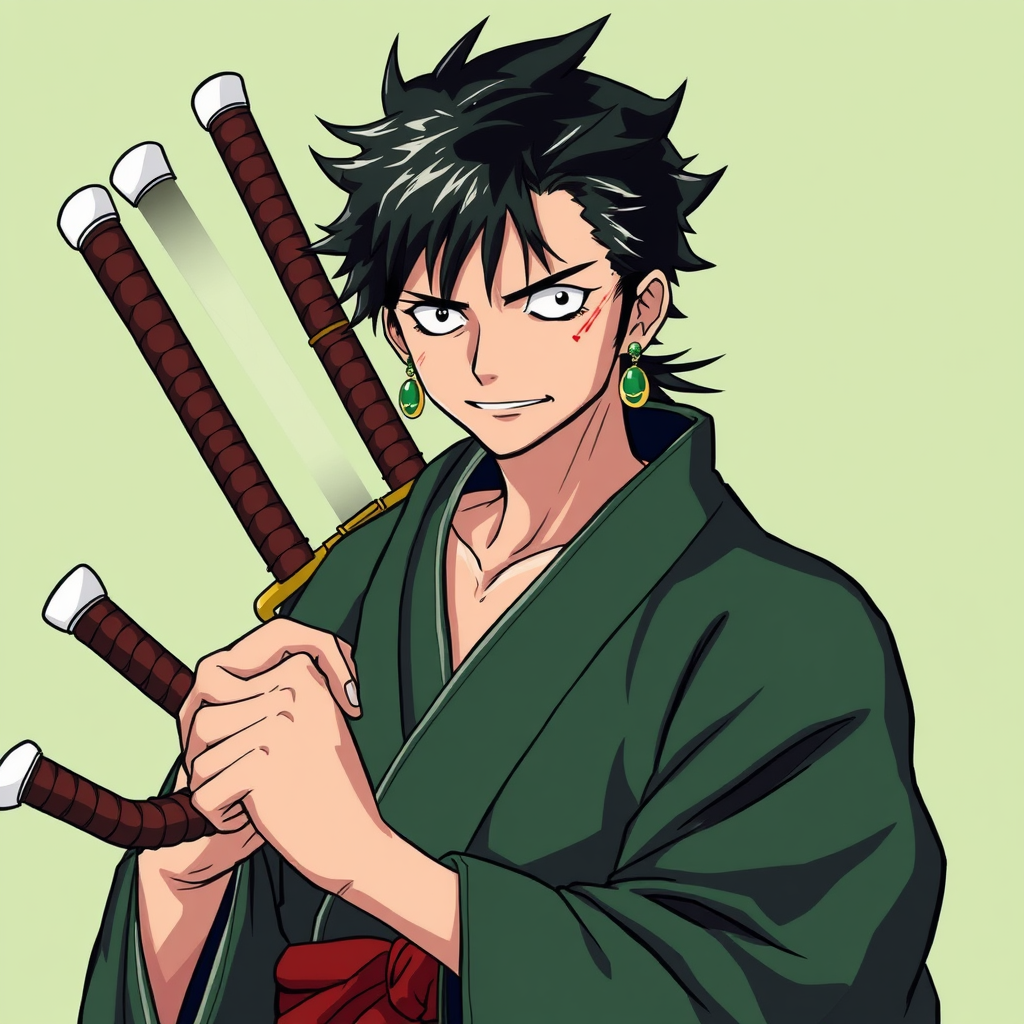 Zoro as a Samurai with Three Swords in Kimono