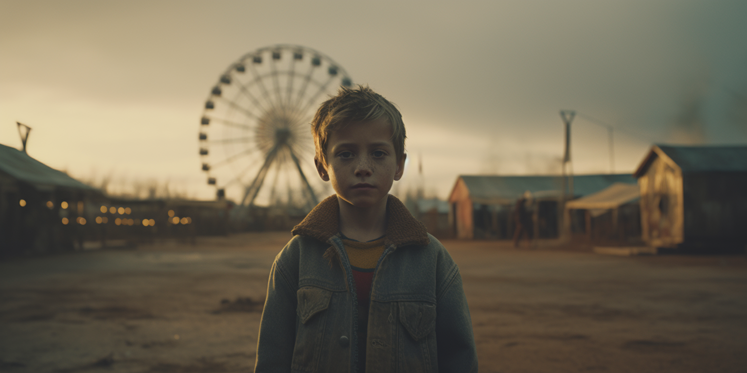 Young Boy Running in Abandoned Fairground