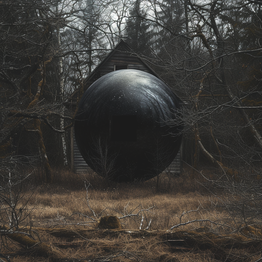 Abandoned old house in the forest with black sphere