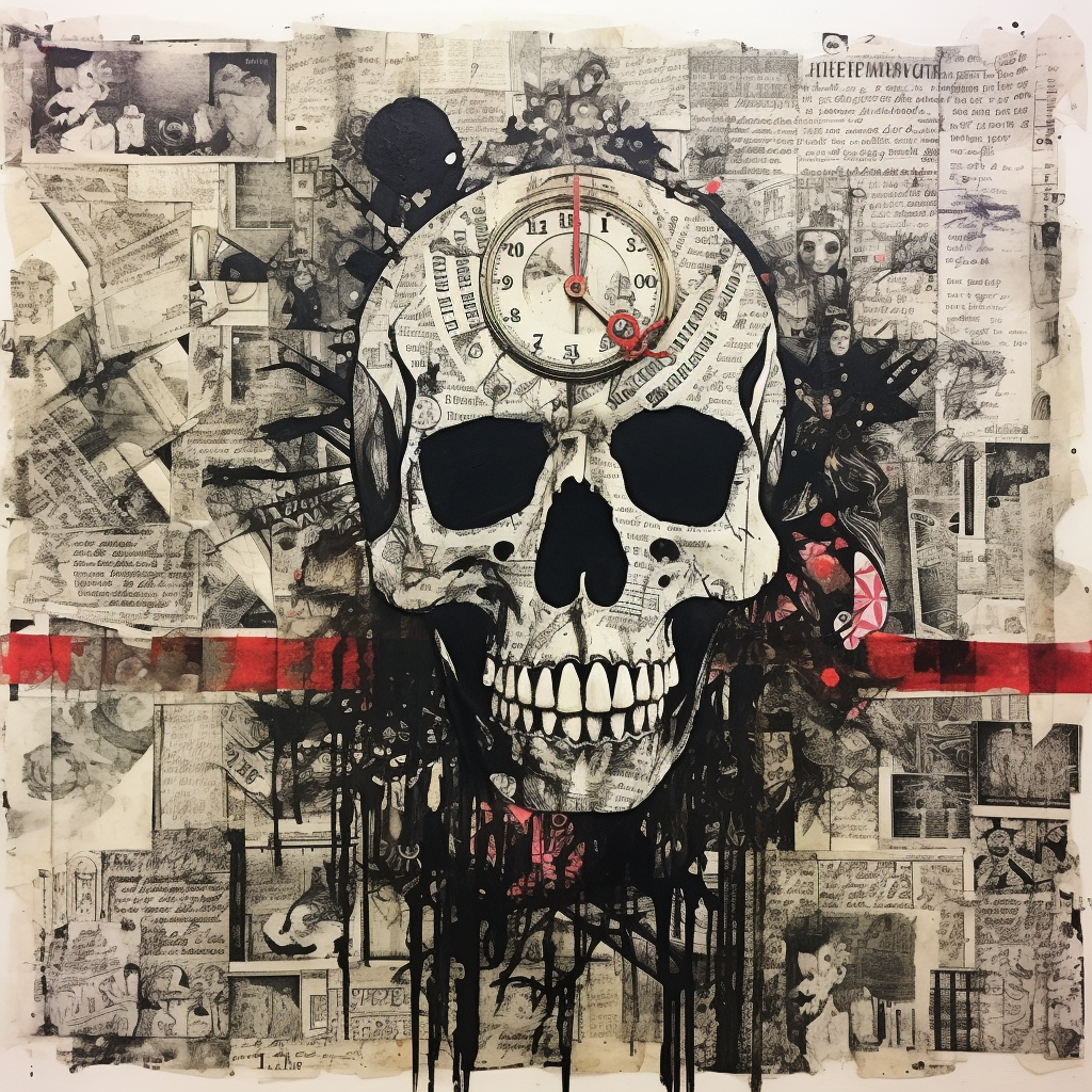 Abstract ink newspaper collage of memento mori