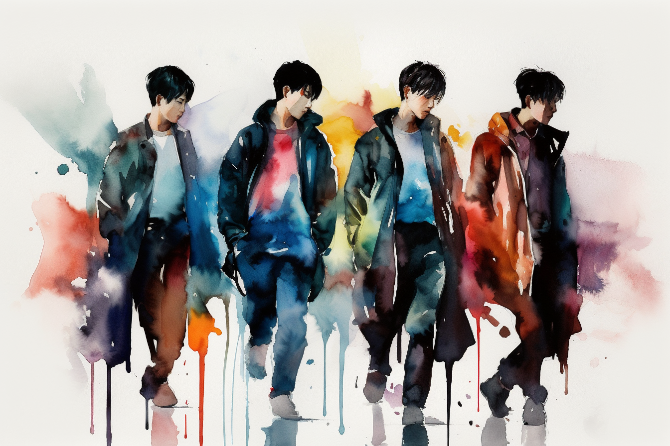 Korean K-pop group in abstract watercolour style