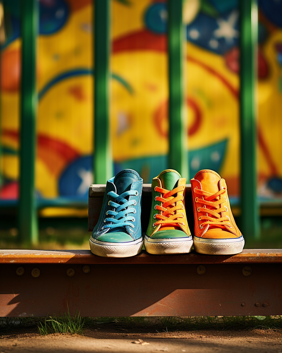 Colorful shoes on park bench