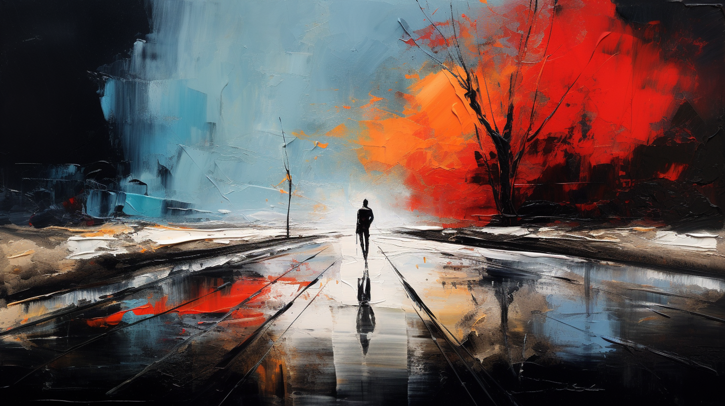 Abstract painting with sad man on a road