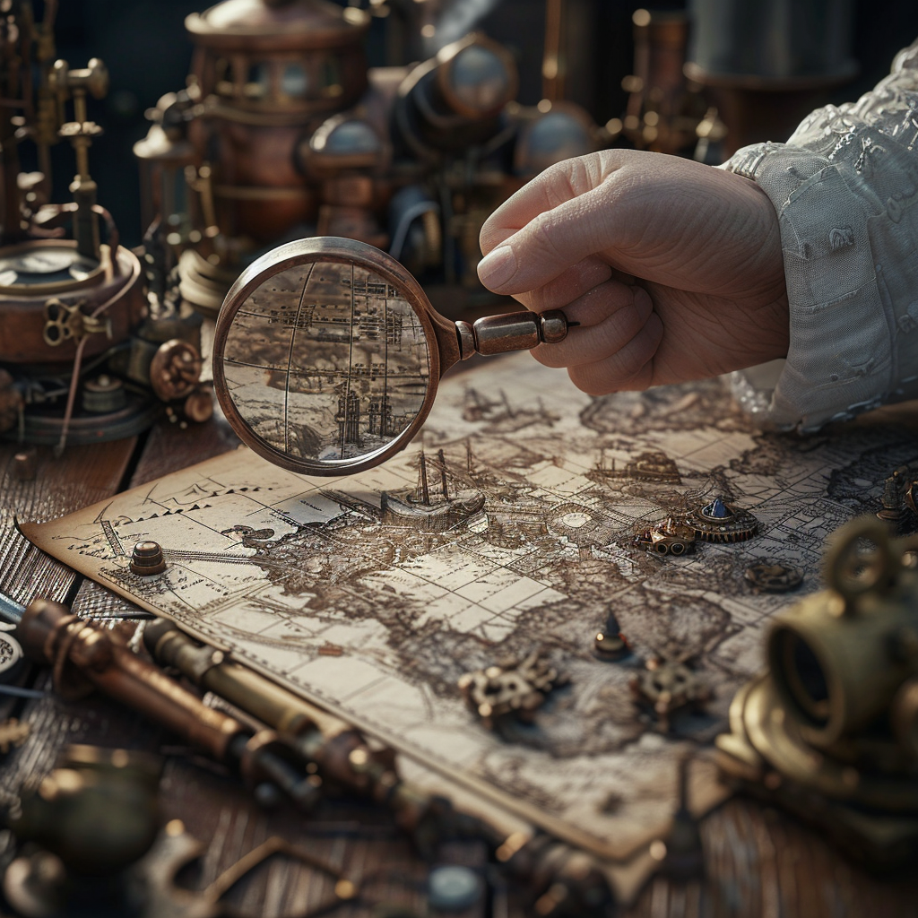 Scientist examining steampunk environment with magnifying glass