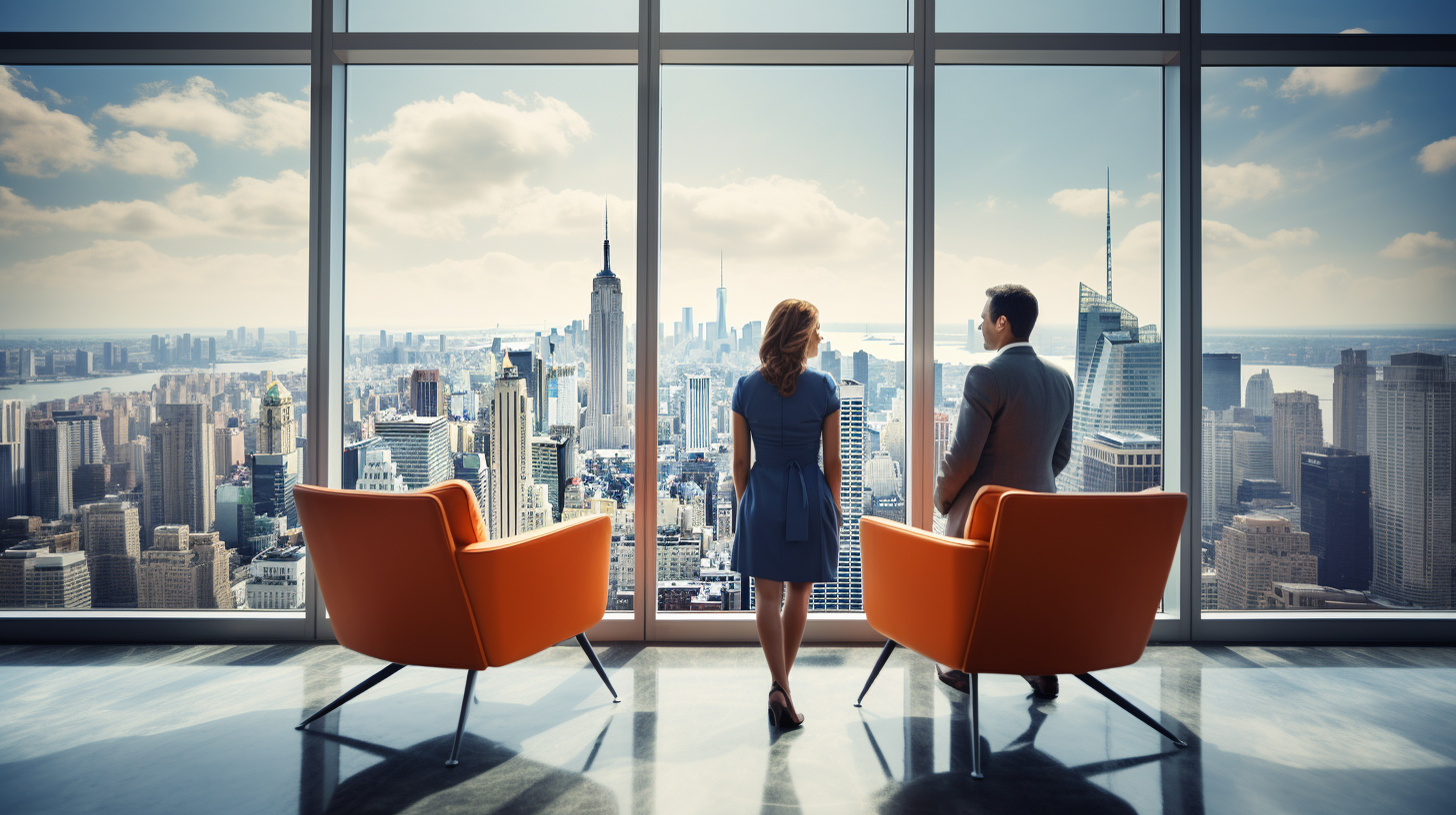 Account manager and clients in office with city skyline