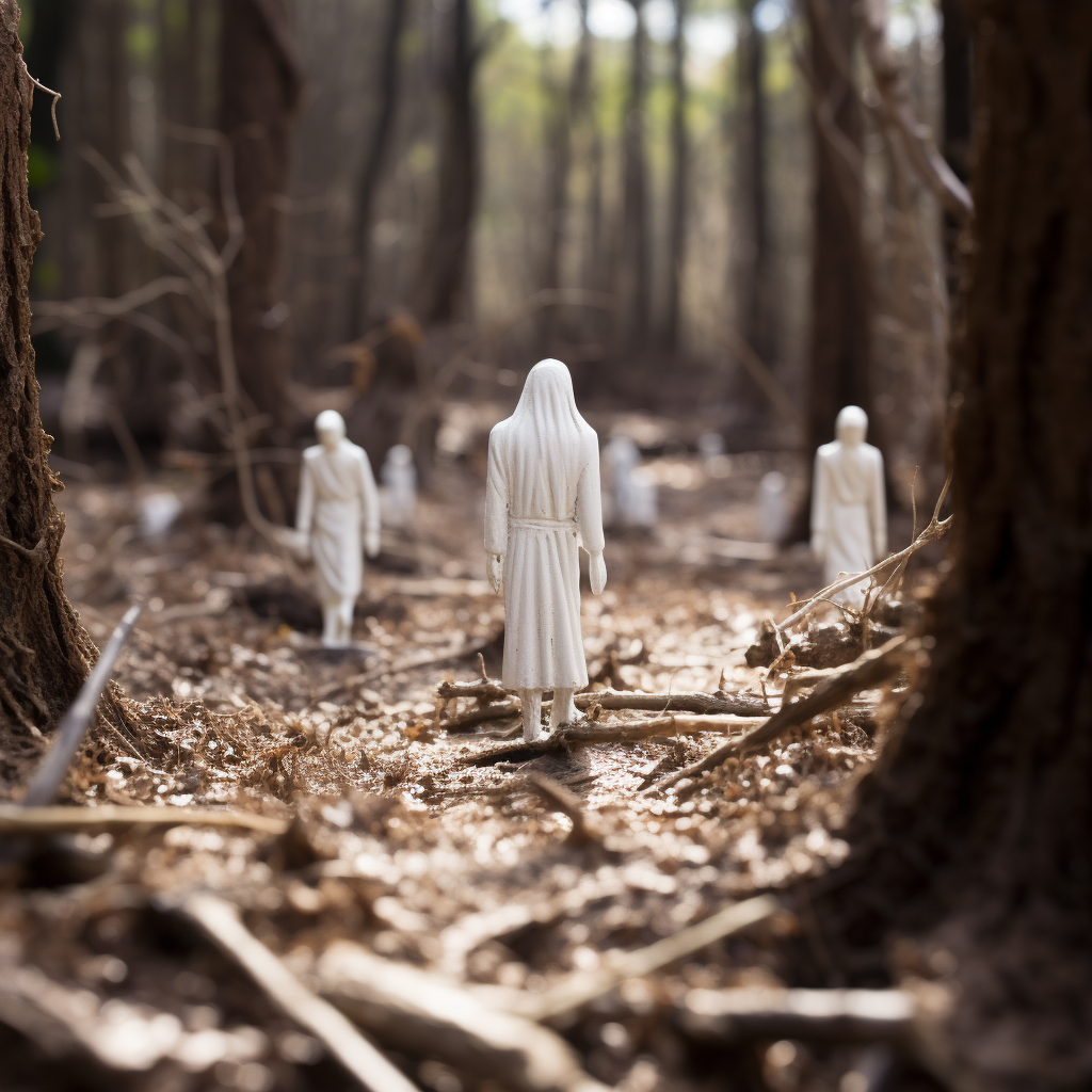 Small action figure people in dying forest