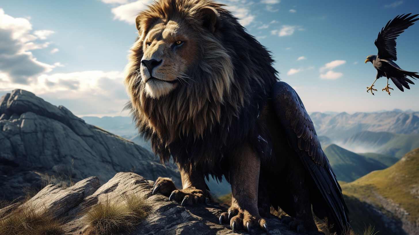 Cinematic shot of lion, black bear, and eagle in action