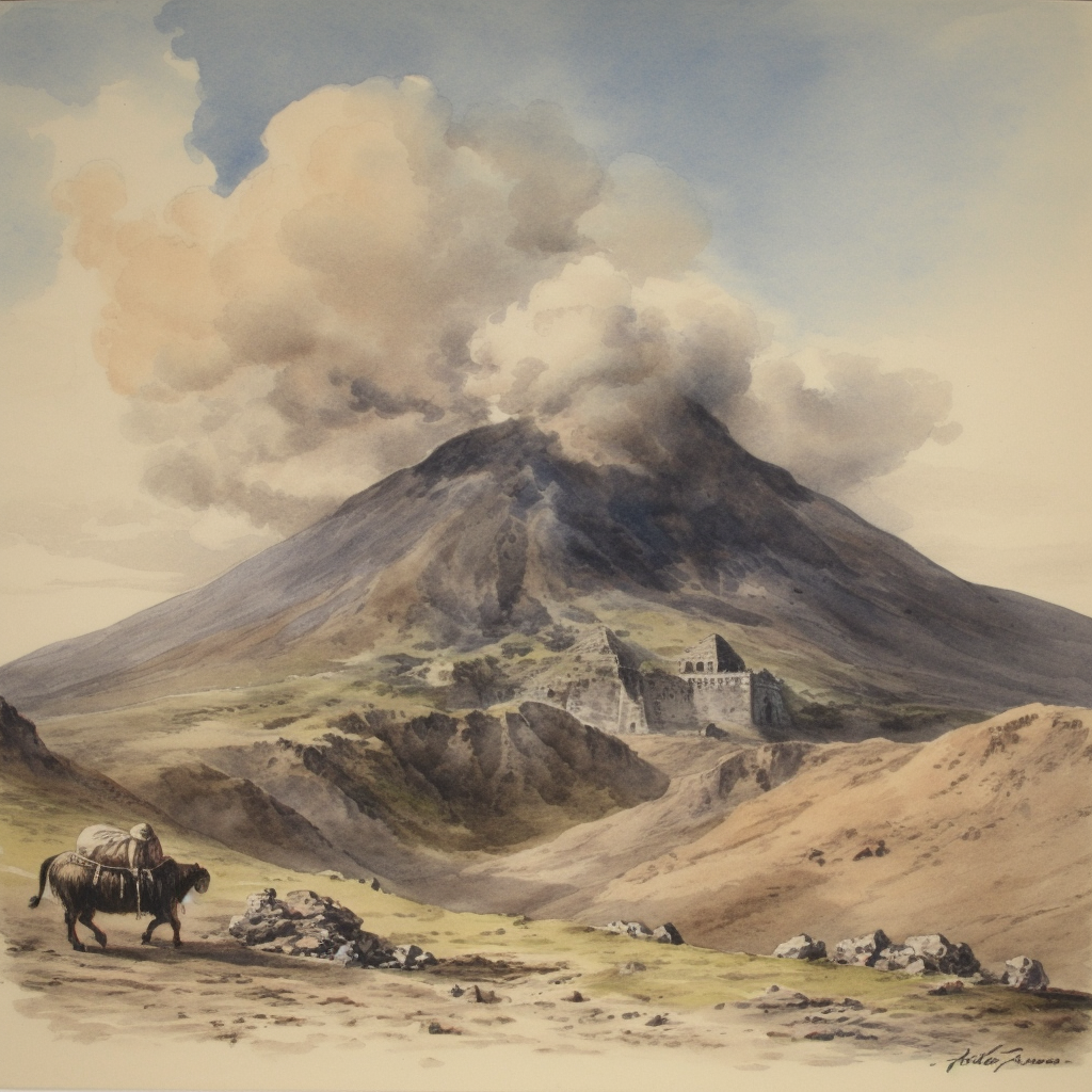 Watercolor of Active Volcano with Pug