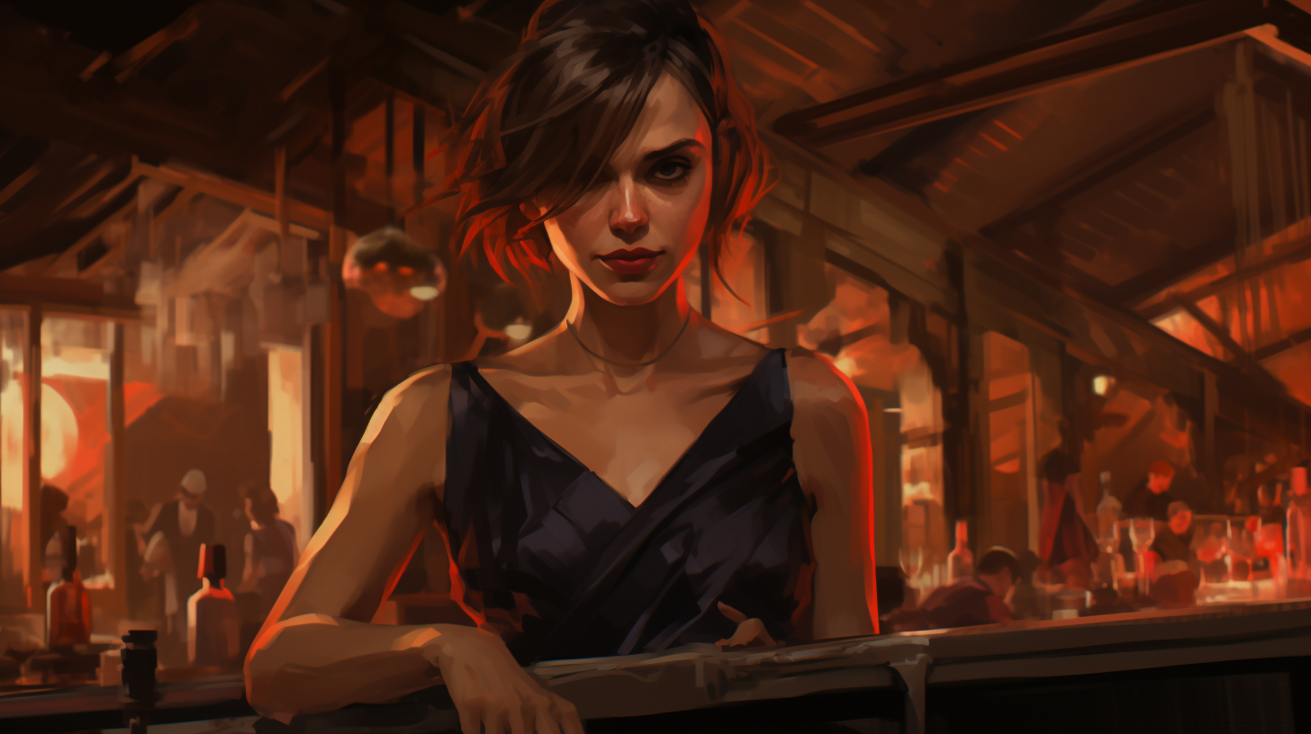 Girl with Bob Hairstyle in Red Dress at Bar