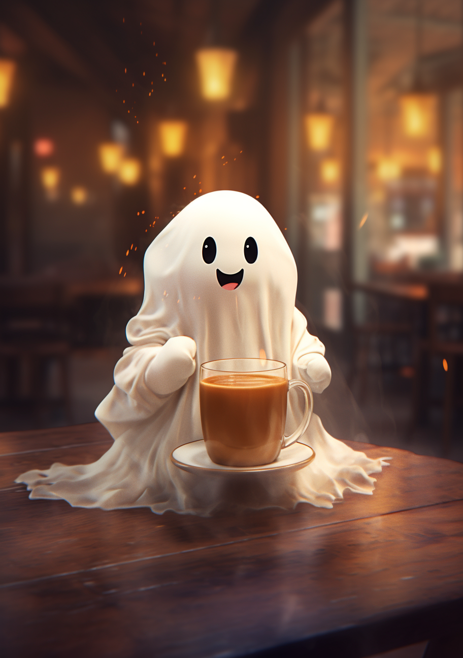 Adorable ghost enjoying a cup of coffee