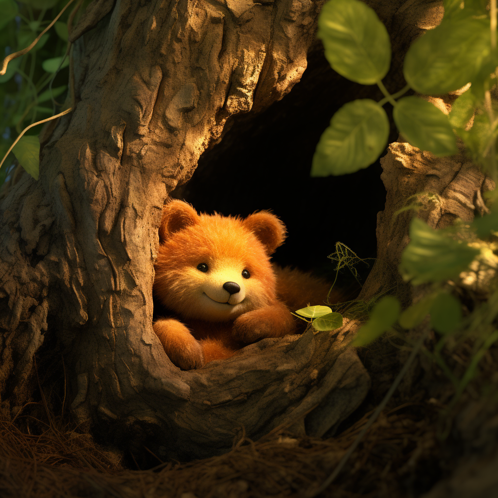 Sweetly sleeping orange animated bear in a tree hole