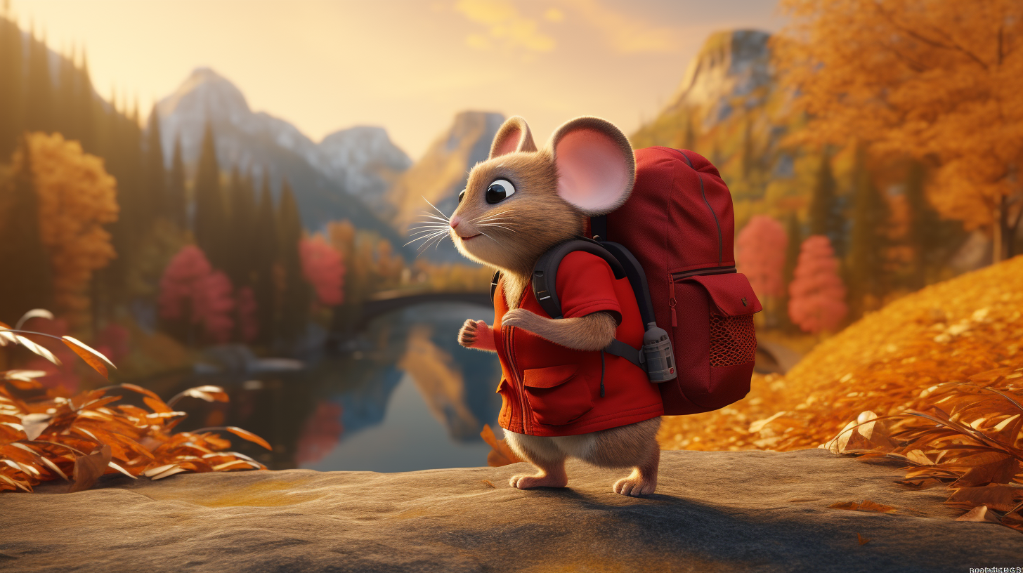 Adventurous mouse with red shirt and brown backpack